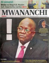 マグフリ大統領の死を一面で報じる現地新聞“Mwananchi”(2021年3月18日付)