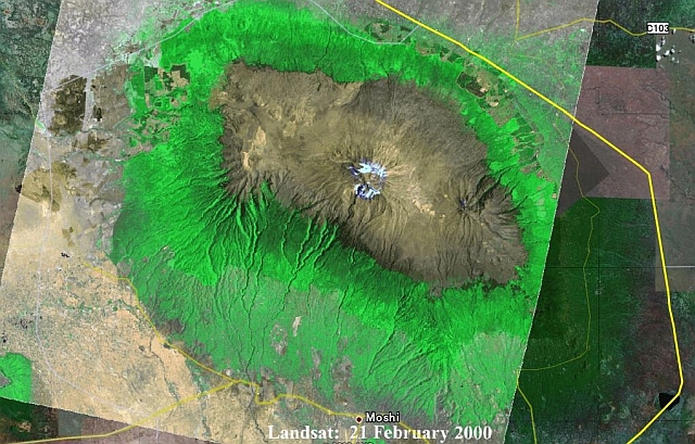 衛星画像によるキリマンジャロ山と森の様子